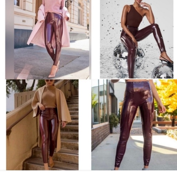 SPANXshape Faux Leather Patent Leggings Size Medium Ruby Burgundy Shiny - Picture 4 of 16
